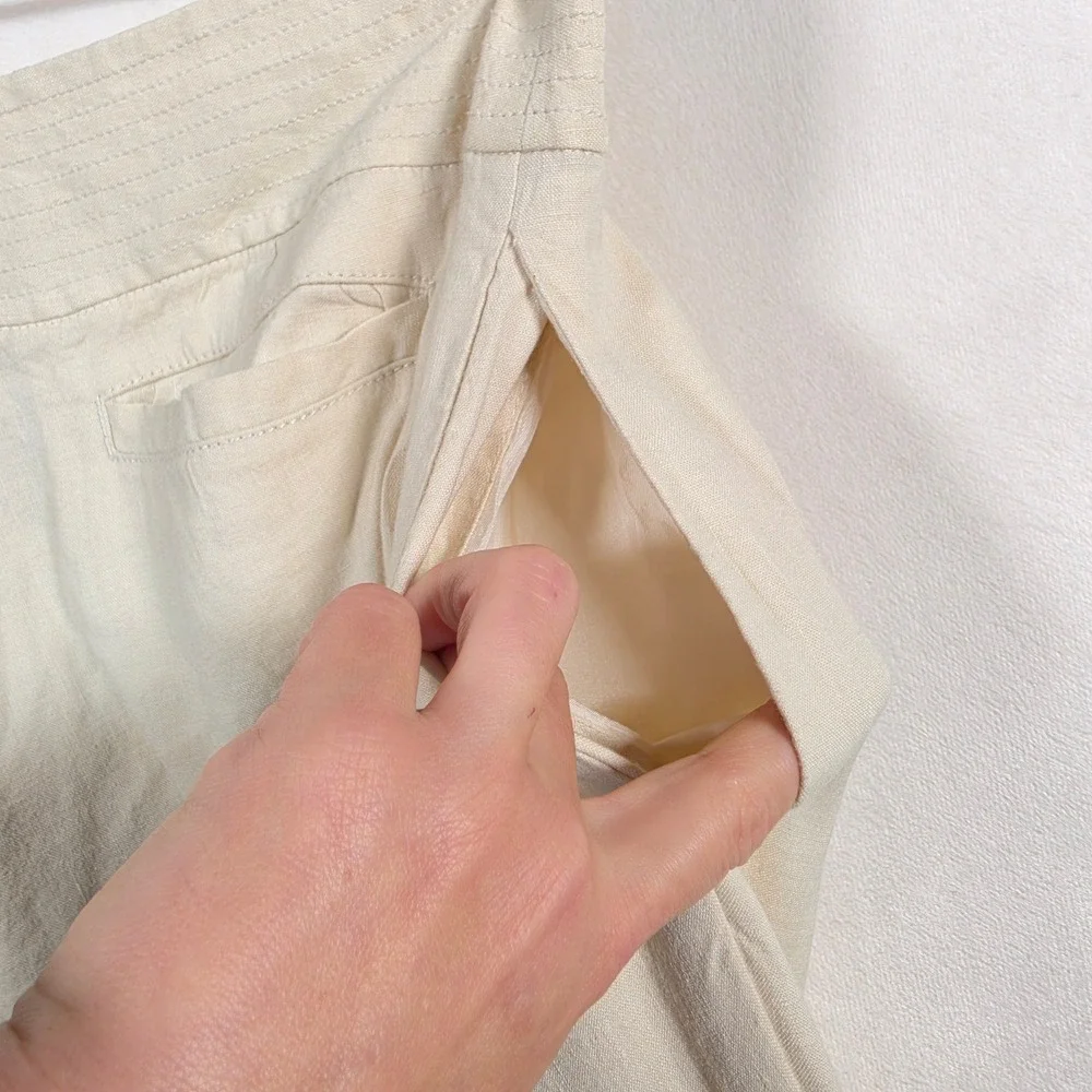 Y2K Banana Republic Harrison Linen Pants Women's 12 Cream Wide Leg Stretch